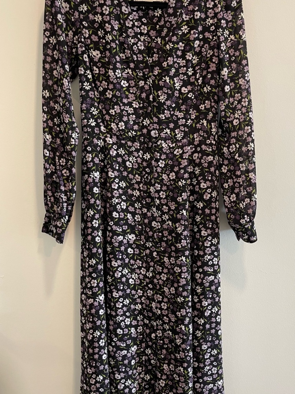 Michael Kors Black Long Sleeve Midi Dress with Lavender and White Floral Print